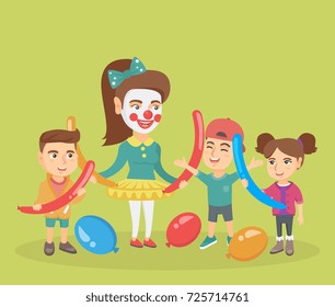 Three happy caucasian kids and young animator making a figure from long balloons at children party. Group of children and animator playing with balloons. Vector cartoon illustration. Square layout.
