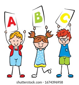 Three happy children and ABC letters, vector icon
