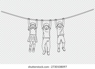 Tres niños felices colgando de una cuerda, disfrutando de un momento lúdico juntos en un entorno de parque infantil al aire libre, mostrando alegría y amistad.
