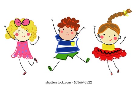 Three happy children jumping