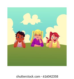 Three happy children lying on green grass under summer sky, colorful cartoon vector illustration. Kids, children, friends, black and white, lying on grass together, summer activity