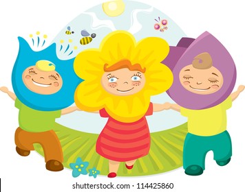 three happy children in nature. Vector