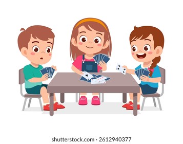 Three Happy Children Playing Cards at Table Together with Smiling and Cheerful Expression Illustration