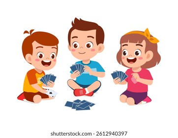 Three Happy Children Playing Cards Together While Sitting on the Floor in Cartoon Style