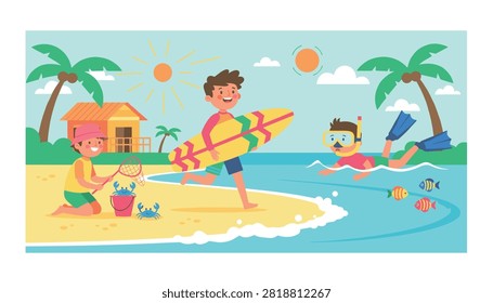 Three happy children playing on a tropical beach with activities like surfing, snorkeling, and building sandcastles.