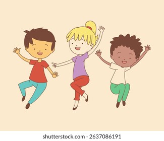 Three happy children playing, two little boys and one girl cheerful expression
