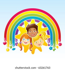 Three happy children in a rainbow and the sun