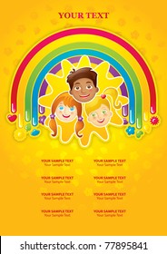 Three happy children in a rainbow and the sun - template