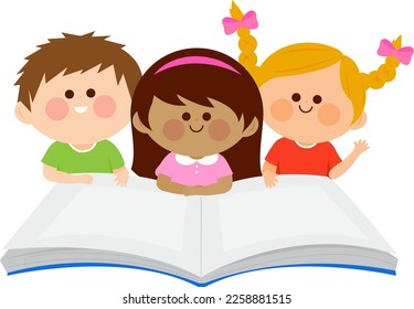 Three happy children reading a book. Vector illustration.