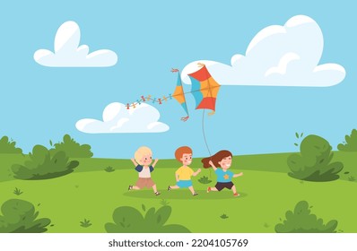 Three happy children running across the lawn with kite flat style, vector illustration. Flying toy, little boys and girl, nature games. Happy childhood, leisure, playing kids