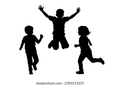Three happy children silhouettes jumping and running playing together