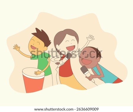 Three happy children singing with microphone and playing bongo drum