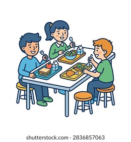 Three happy children sit at a table in a cafeteria, enjoying their meals and interacting with each other.