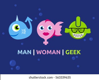 Three happy cute buddies like sign of male, female and geeks. Funny original concept with fish characters and blue background for t-shirt. Vector simple illustration.