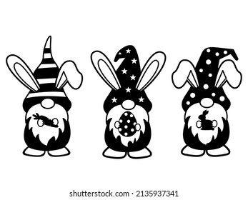 Three happy Cute Easter gnomes with bunny rabbit ears holding a carrot, Easter egg, Kids Easter clipart, Easter cut file bunny vector illustration.