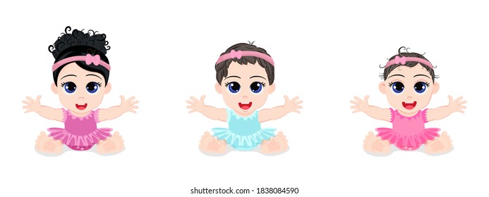 Three happy cute kid baby girls setting and waving with colorful dress isolated on white background