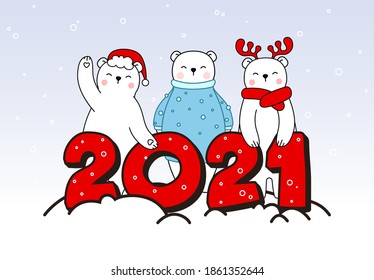 Three Happy cute little bear in Santa hat, deer headband and blue sweater stand near the inscription 2021. Greeting card for Merry Christmas and happy new year. Little white bear in outline style