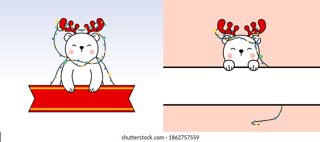 Three Happy cute little bear in deer headband and garland sitting behind tape with place for text. Greeting card for Merry Christmas and happy new year. Little polar bears bear in outline style
