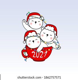 Tres lindo oso feliz en sombreros de Santa sentado en una taza de café con guirnalda. 2021 año. Tarjeta de saludo para Feliz Navidad y feliz año nuevo. Los osos polares pequeños tienen un estilo de contorno