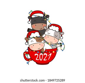 Three Happy cute little bulls in Santa hats sitting in a Cup of coffee with garland. Greeting card for Merry Christmas and happy new year. 2021 year of the bull. Little ox in outline style.