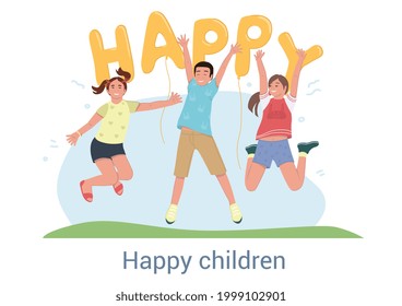 Three happy cute young teenage children boys and girls celebrating jumping and cheering with party balloons spelling the word - Happy. Flat cartoon colored vector illustration with text