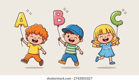 Three happy diverse children holding colorful alphabet balloons A B C learning and education concept