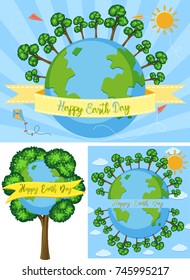 Three happy earth day poster designs illustration