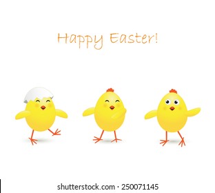 Three happy Easter chicken on white background, illustration