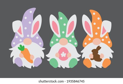 Three happy Easter gnomes with bunny rabbit ears holding a carrot, Easter egg, and chocolate bunny vector illustration.
