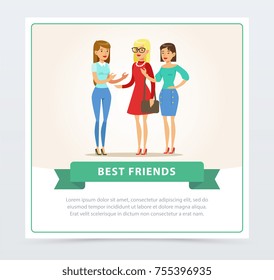 Three happy female friends talking, best friends banner flat vector element for website or mobile app