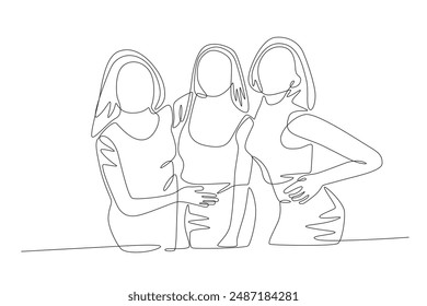 Three happy friends can hang out. Friendship day concept one-line drawing