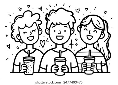 Three happy friends with drinks, surrounded by hearts, line art