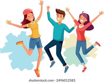 Three happy friends jumping together with arms raised
