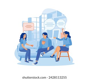  Three happy friends talking and drinking coffee and tea while sitting on the sofa at home. Smiling woman friends drinking tea at home. flat vector modern illustration 