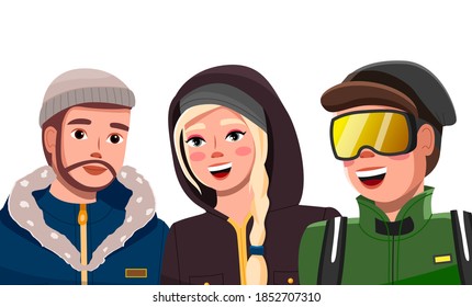 Three happy friends in warm clothes isolated at white background. Bearded guy in hat and warm jacket, smiling woman with braid hairstyle wearing hood, happy cheerful man in snowboard goggles