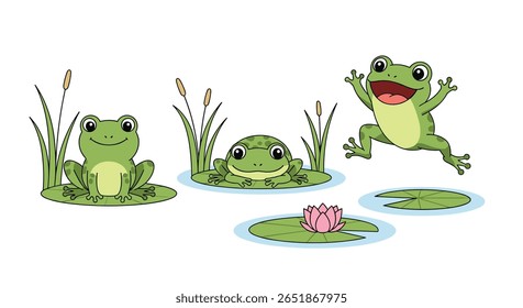 Three happy frogs enjoying a sunny day in the water lily pond