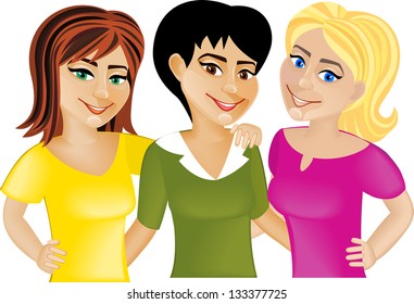 Three happy girl friends is smiling. Isolated on wight background