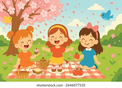 Três meninas felizes desfrutam de um piquenique sob uma árvore florescente de cerejeira com cupcakes, chá e frutas, cercado por pássaros, luz do sol e magia da primavera em um bonito estilo de desenho animado