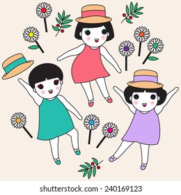 Three happy Girls on a Flowers field illustration set