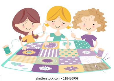 Three Happy Girls Quilting aÂ?Â? Sewing Bee Cheerful illustration with females creating a  patchwork quilt