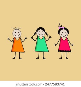 Three happy girls wearing stylish clothes in the mood of playing and dancing cartoon character vector.