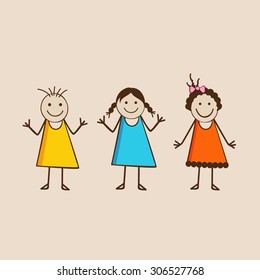 Three happy girls wearing stylish clothes in the mood of playing and dancing. 