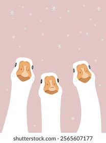 Three happy goose birds on pink snowing sky background. Merry Christmas card