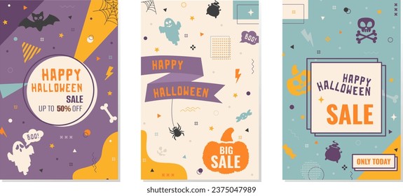 Three Happy Halloween sale banner and discount offer. Vector set of promotion templates in Memphis style for website, flier or social media marketing