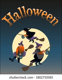 Three happy Halloween witches flying on their brooms in the moonlight. Vector Illustration