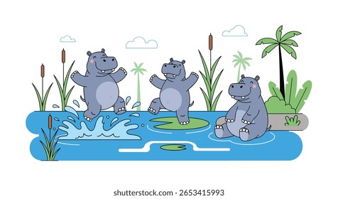 Three happy hippos dancing and playing joyfully in a beautiful water pond on a sunny day