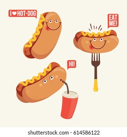 Three happy hotdog characters cartoon illustration isolated on white background.  Vector emoticon