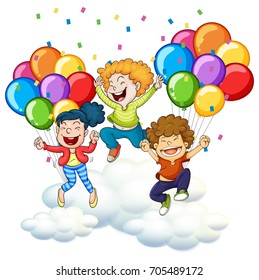 Three happy kids with colorful balloons illustration