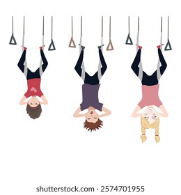 Three happy kids hanging upside down in an aerial hammock. Children group exercises at antigravity yoga. Fly yoga vector isolated illustration