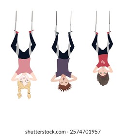 Three happy kids hanging upside down in an aerial hammock. Children group exercises at antigravity yoga. Fly yoga vector isolated illustration.